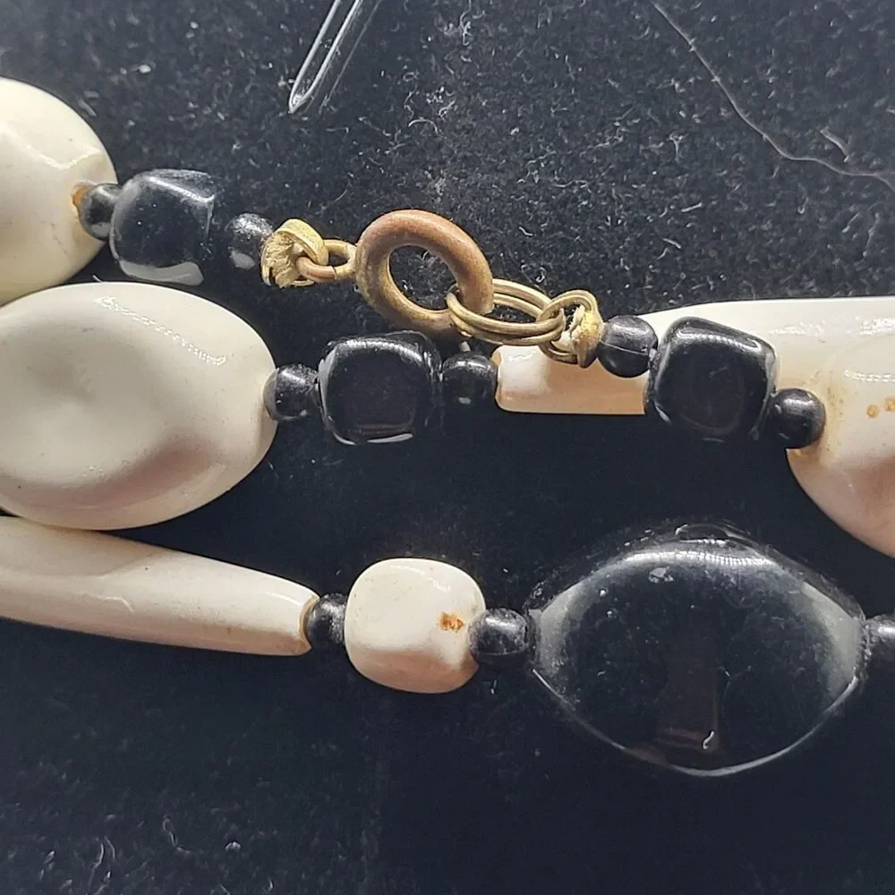 Vintage 70s Extra Long Strand Black White Beaded Necklace 53in